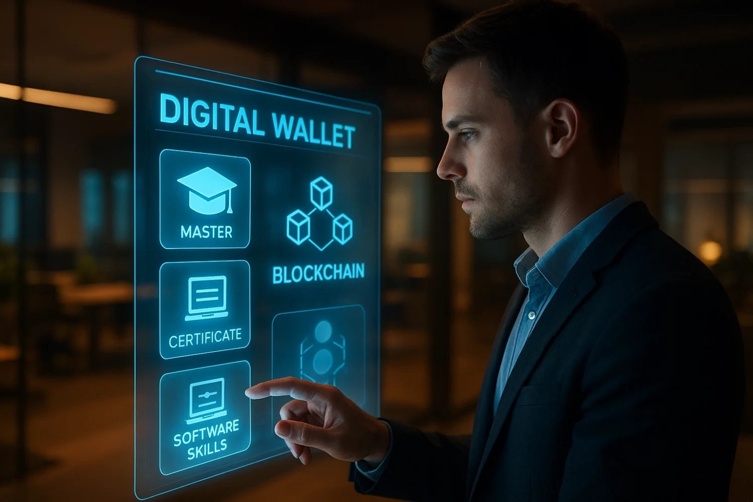 Ein Mann tippt etwas auf einem digital Wallet.