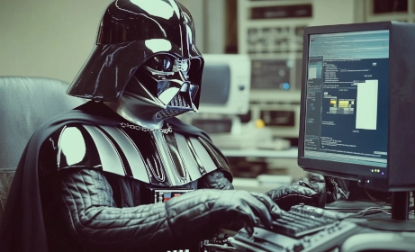  Darth Vader sitzt am Computer und arbeitet.