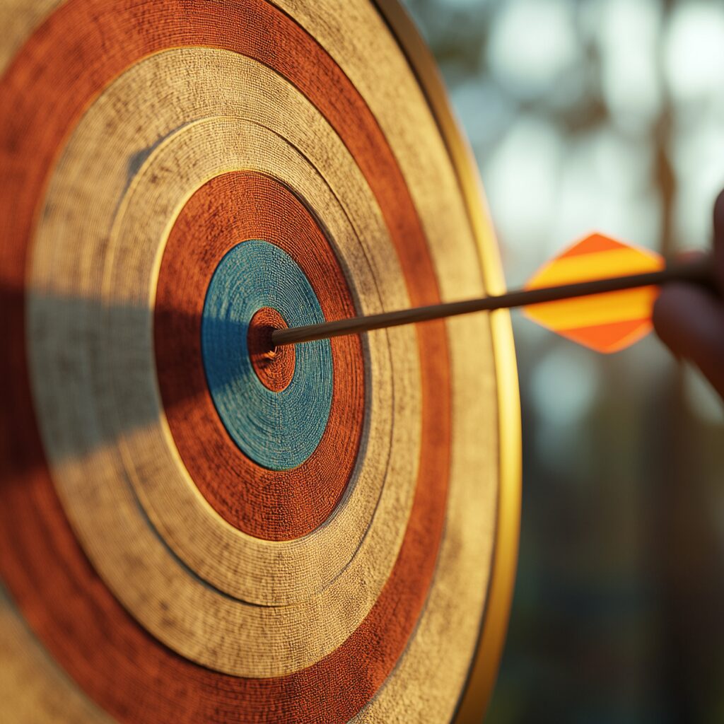 Eine Dartscheibe mit einem Dartpfeil genau in der Mitte.