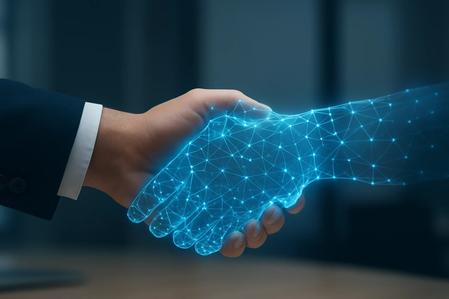 Ein Händedruck zwischen Mensch und KI. Die Hand der KI ist in blauen Pixeln dargestellt.