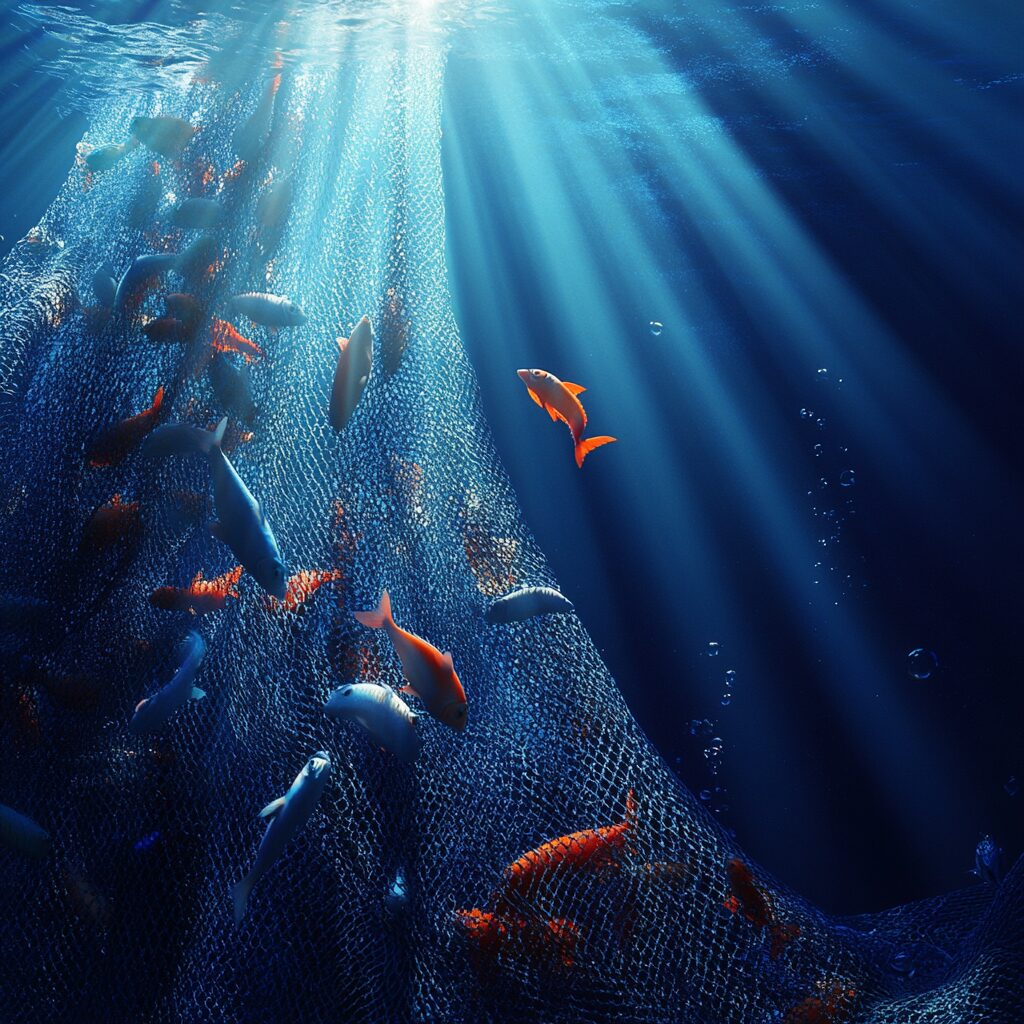 Ein Fischernetz mit Fischen drin und außerhalb schwimmt noch ein Fisch