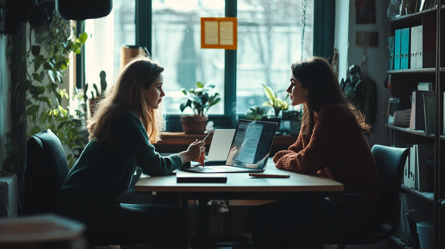 KI-generiertes Bild mit Beschreibung Freundschaft am Arbeitsplatz. Zwei Frauen sitzen sich an einem Schreibtisch gegenüber und besprechen Themen.