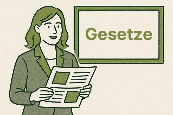 Eine Frau mit einer Zeitschrift in der Hand ist zu sehen im Hintergrund ist ein Schild auf dem "Gesetze" steht.