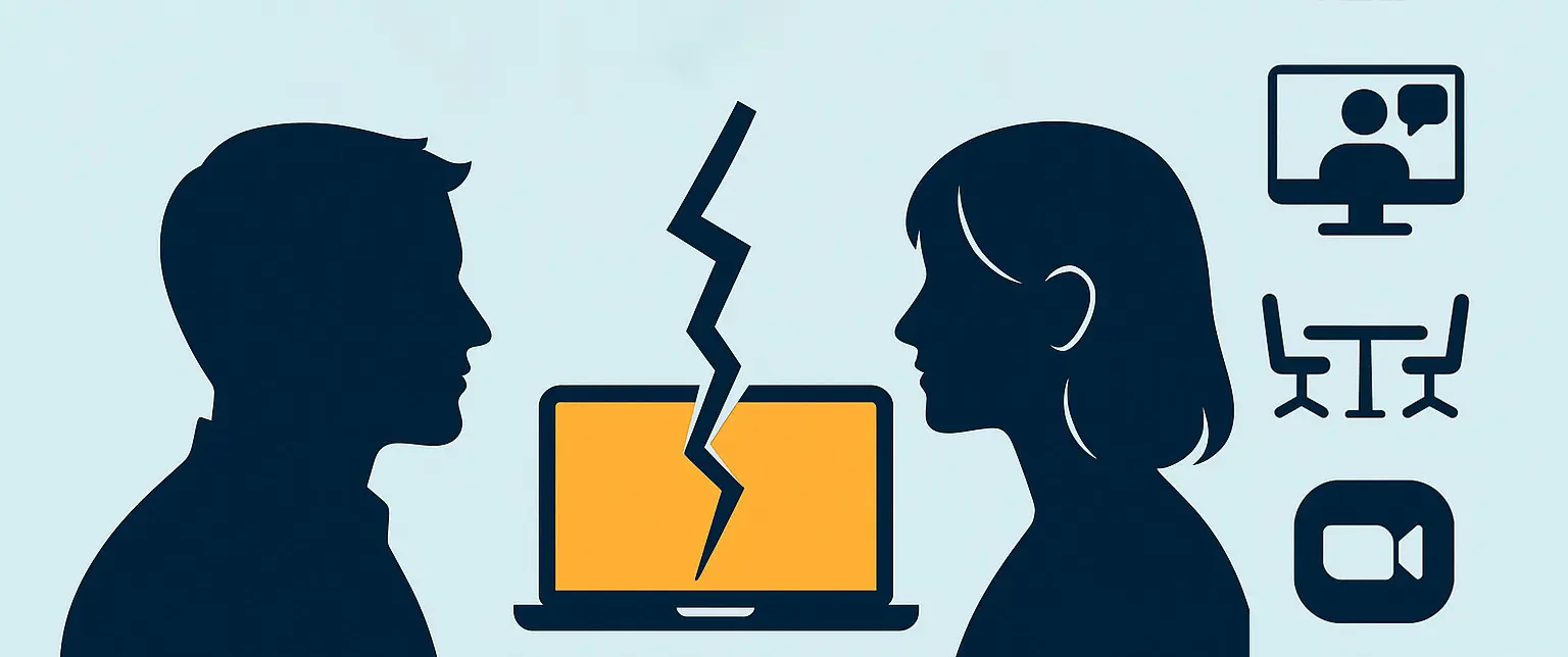 Illustration, Mann und Frau stehen sich mit dem Gesicht gegenüber in der Mitte ein Laptop wo ein Blitz einschlägt. An der Seite Icons eines Tisch mit Stühlen, ein Laptop und ein Kamerasymbol.