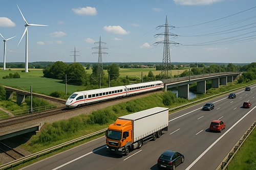 Eine Autobahn mit fahrenden Autos und einem Lastwagen ist zu sehen, dahinter fährt ein Zug.