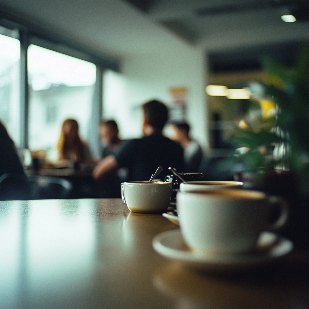 KI-generiertes Bild. Im Vordergrund zwei Kaffeetassen. Im Hintergrund ein Team, das eine gemeinsame Pause einlegt.