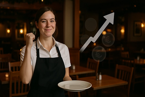 Eine Frau im Restaurant mit schwarzer Schürze und einem Teller in der Hand, macht eine Faust. Neben ihr ist ein Pfeil der schräg nach oben zeigt.