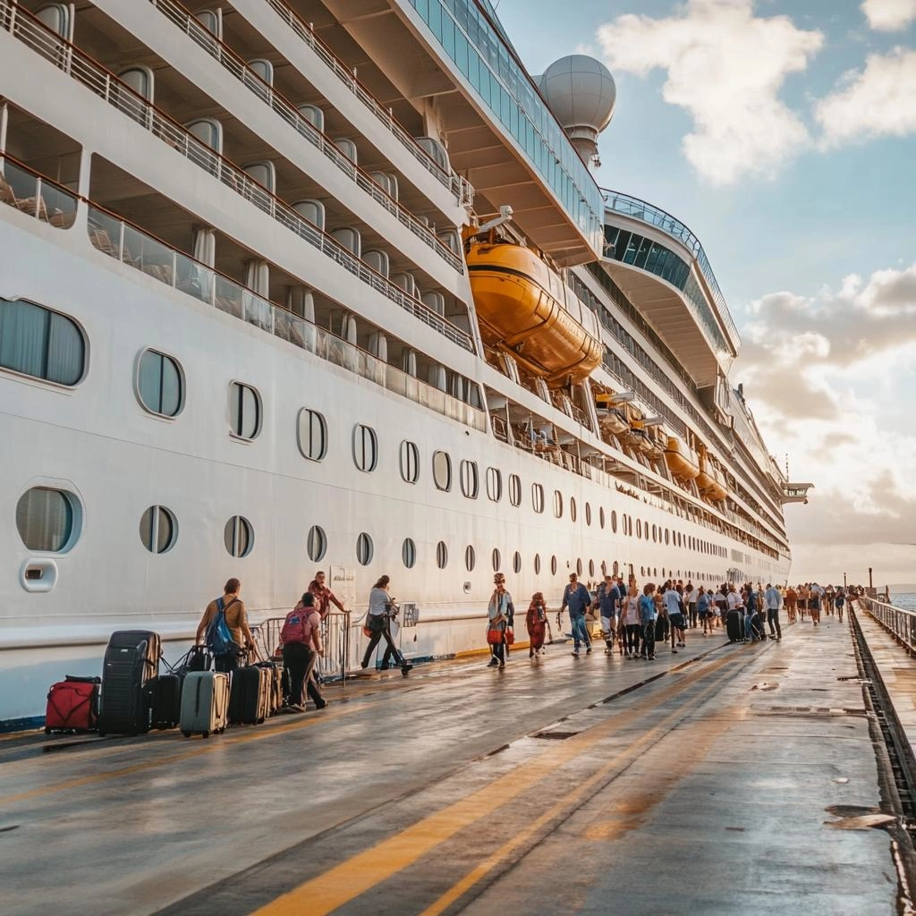 Ein KI-Bild, das ein Kreuzfahrtschiff und viele Menschen davor zeigt. Symbol für Digitales Onboarding