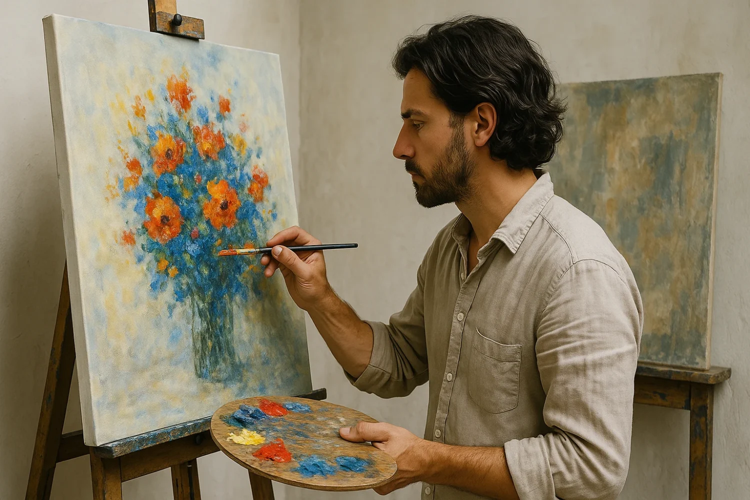 Ein Mann mit dunklen Haaren und einer Farbpalette malt auf Leinwand ein Bild von einem bunten Blumenstrauß.