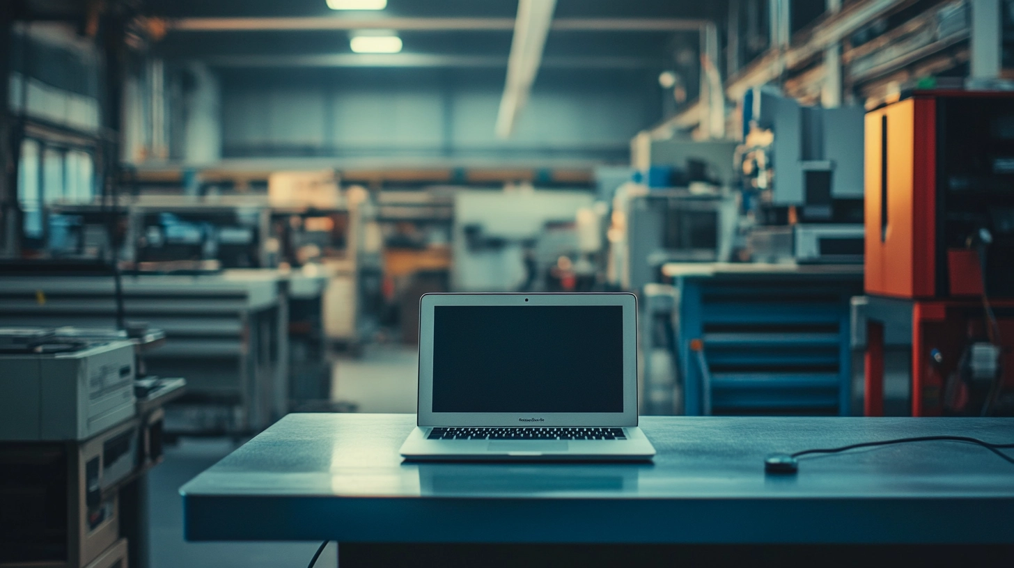 Ein Laptop auf dem man digitale Gehaltsabrechnungen in einer Produktionshalle abrufen kann.