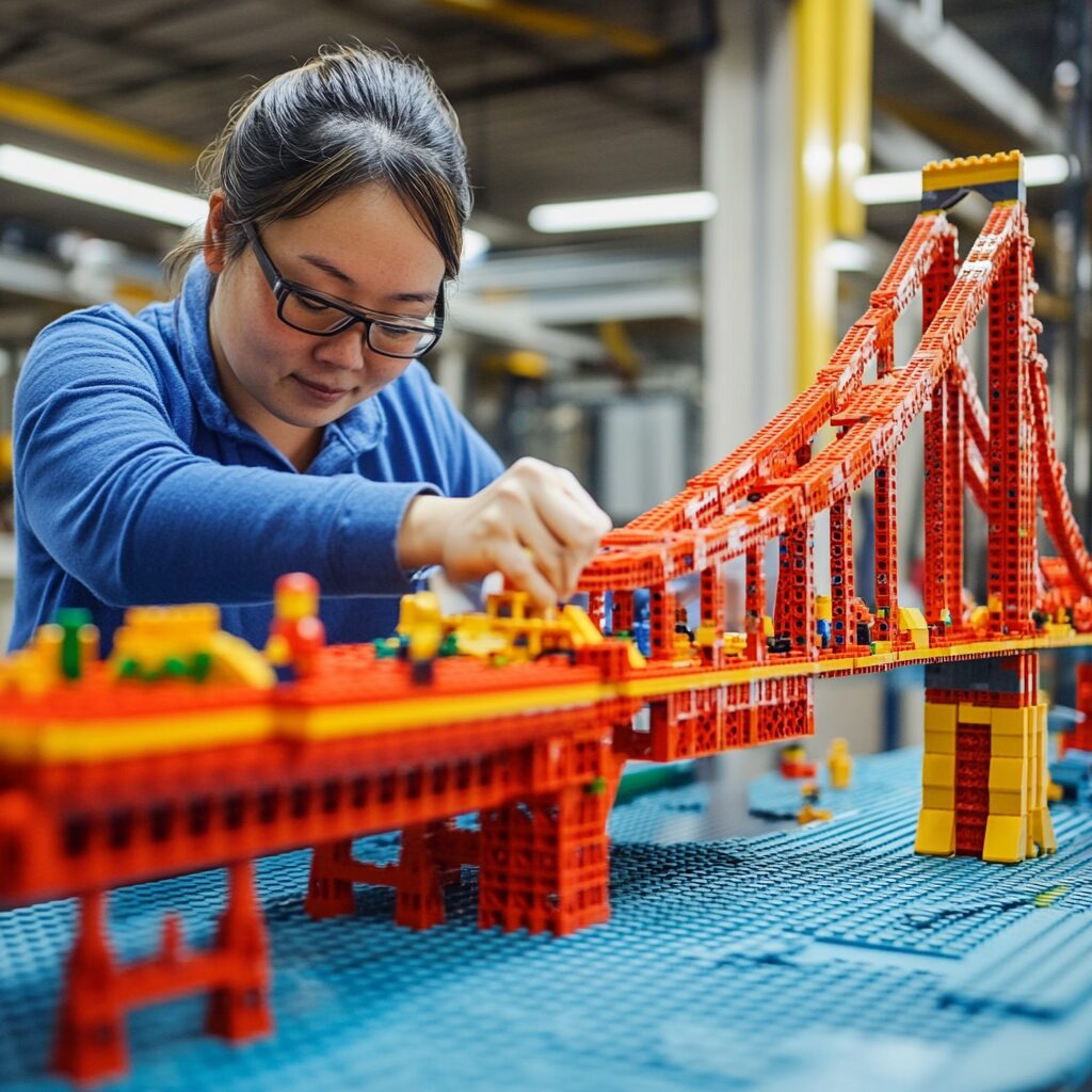KI-generiertes Bild, das eine Frau mit Brille zeigt, die aus roten und gelben Lego-Steinen eine Brücke baut.