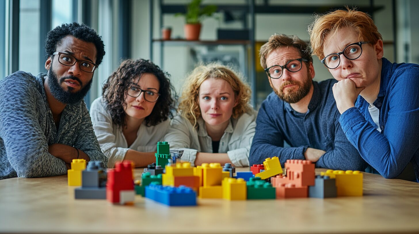 KI-generiertes Bild, das 5 Arbeitskollegen sitzend an einem Tisch zeig, auf dem Lego-Steine liegen. Die Arbeitskollegen, 2 Frauen und 3 Männer gucken mit fragenden Blicken in die Kamera.