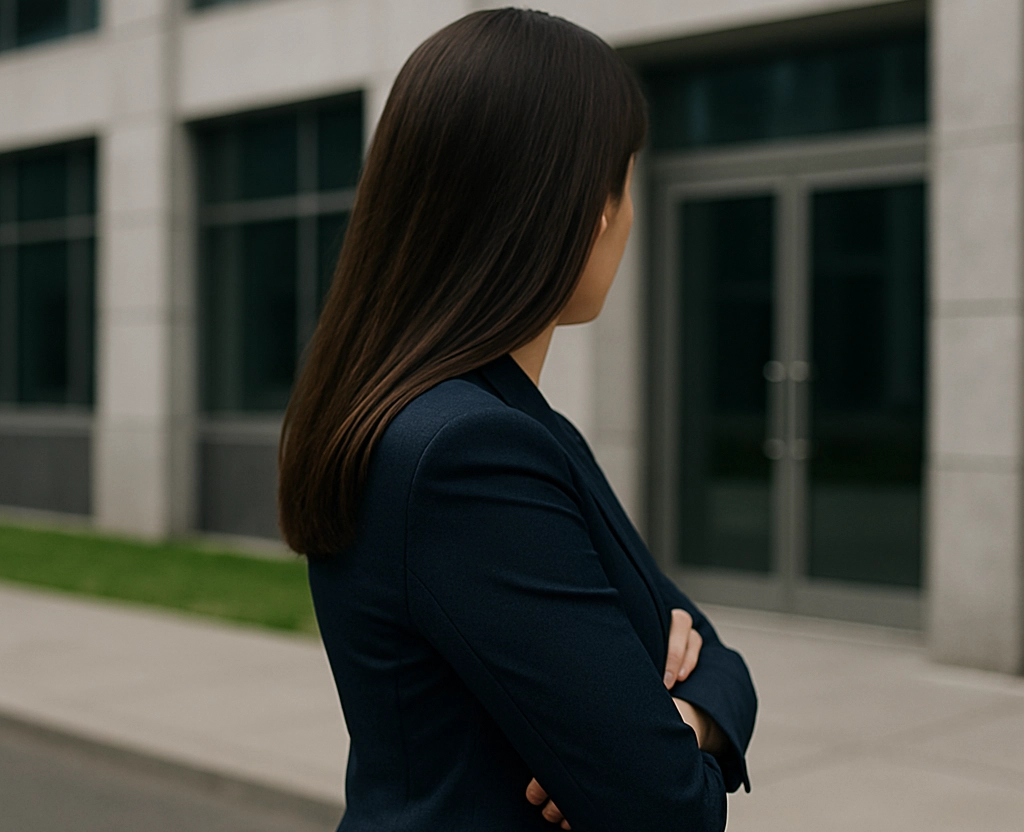 Eine brünette Frau im dunklen Blazer steht mit den Armen verschränkt vor einem Firmengebäude.
