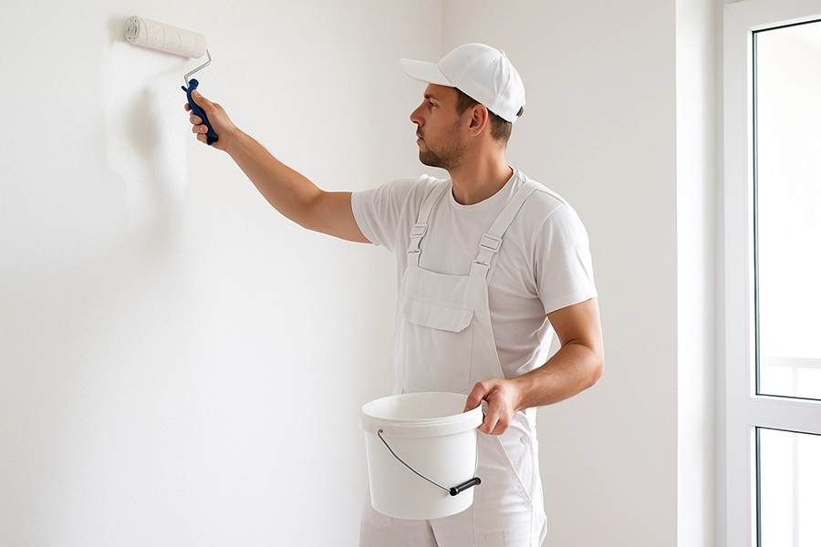 Ein Maler streicht eine Wand weiß in der Hand hält er einen Farbeimer.