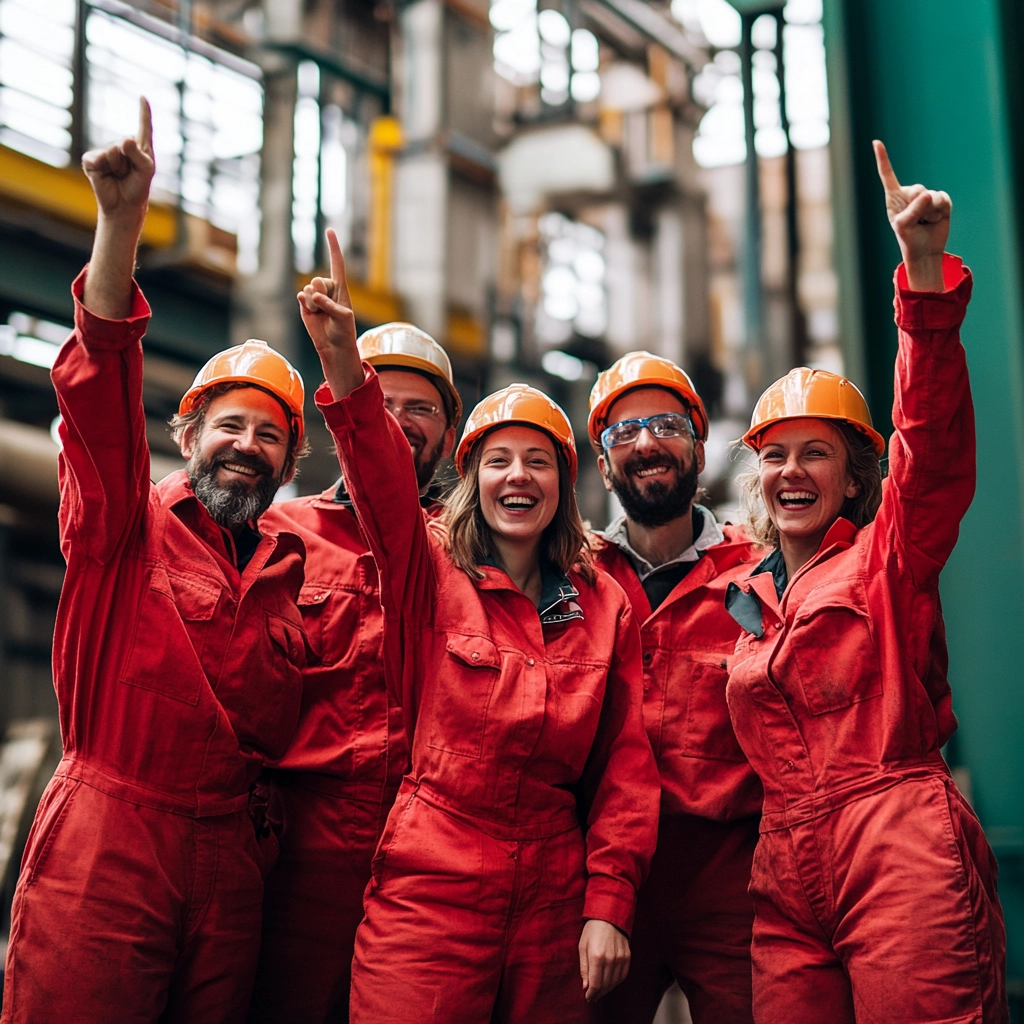 4 Personen in einem roten Overall, die zufrieden die Hände in die Höhe strecken, da sie ihre Produktivität steigern konnten.