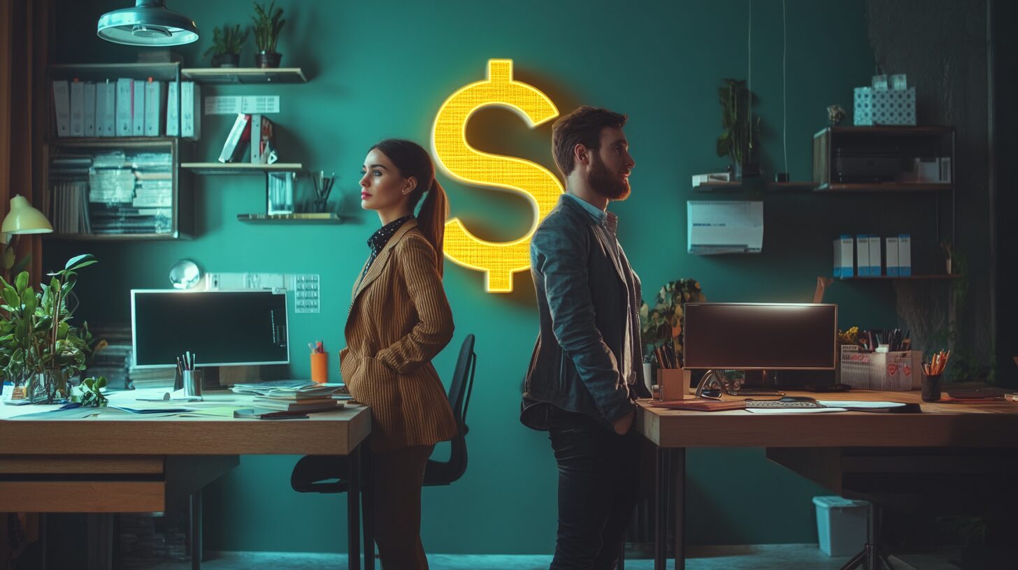 Eine Frau und ein Mann stehen mit einem halben Meter Abstand Rücken an Rücken und in der Mitte ist ein Dollar Zeichen. 