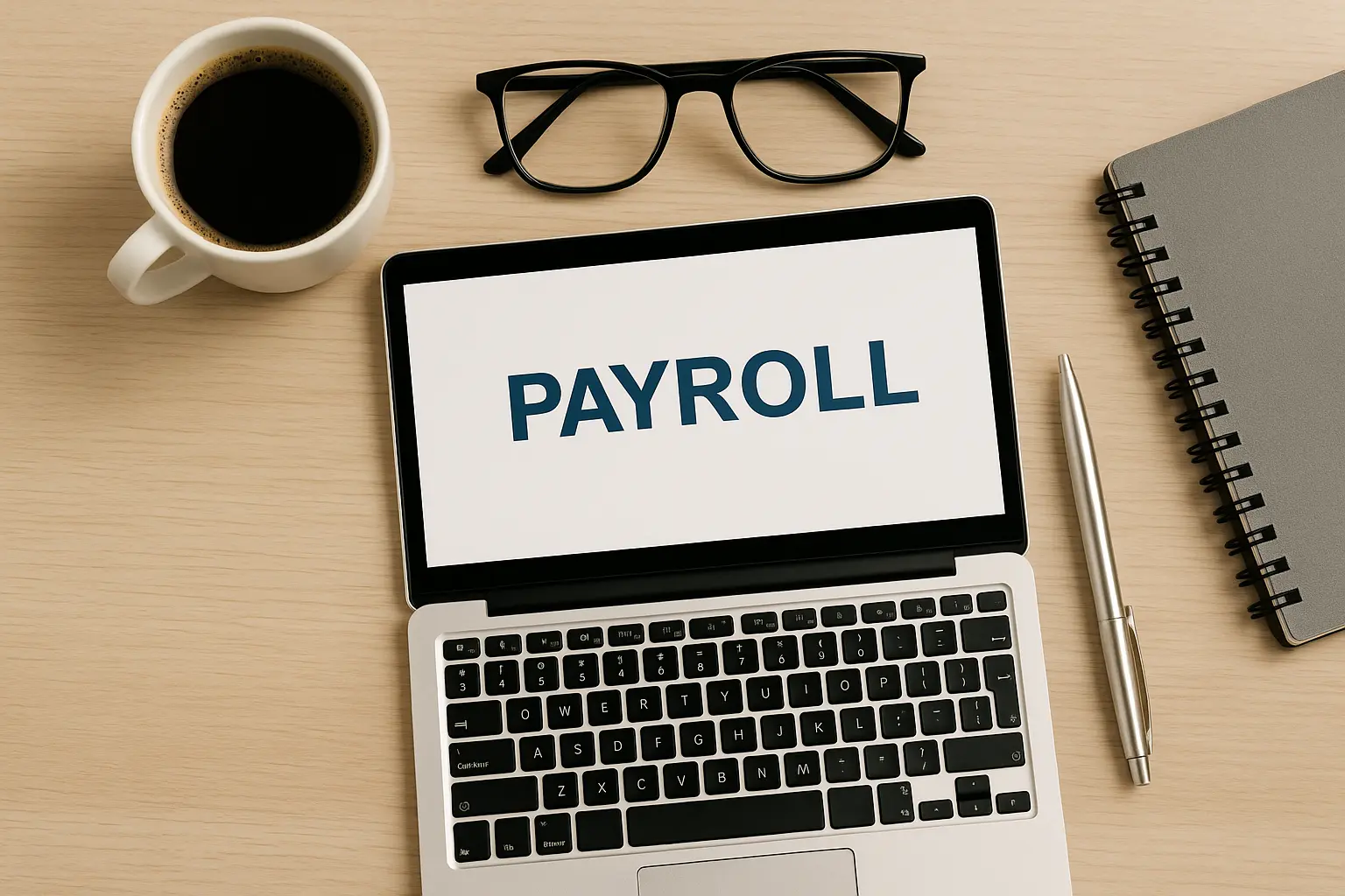 Eine Tasse Kaffee, ein graues Notizbuch und eine Brille liegen auf einem hellen Holztisch. Ein Notebook mit der blauen Schrift Payroll.