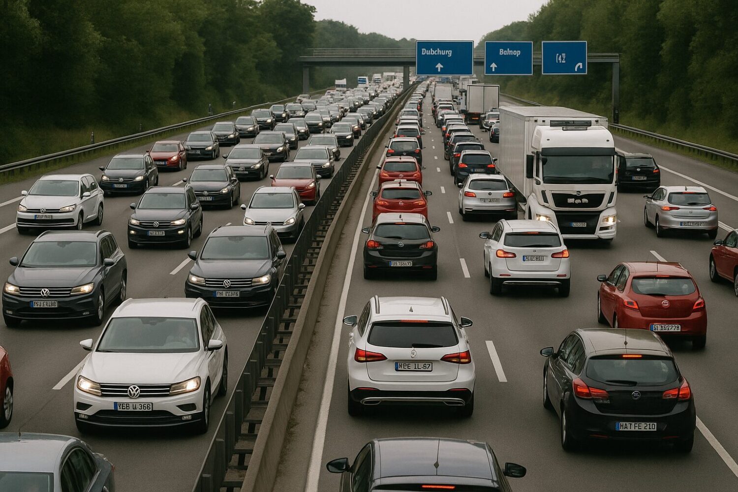 Eine befahrende Autobahn mit Autos auf mehreren Spuren.