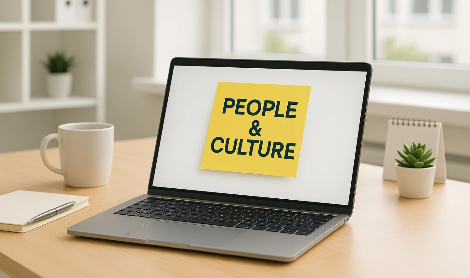 Laptop mit gelben Post It mit der Schrift People & Culture.