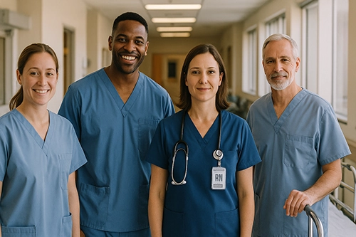 Eine Ärztin und drei Pfleger:innen schauen in die Kamera, sie tragen Arbeitskleidung.