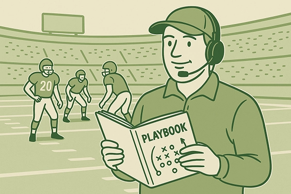Graphik von einem Trainer einer Football Mannschaft und seinen drei Spielern. Der Trainer hält ein Playbook in der Hand.