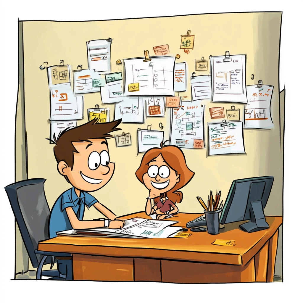 Eine Karrikatur, die einen Mann und eine Frau in einem Büro zeigt. An der Wand hängen zahlreiche Post-its, die Aufgaben definieren.