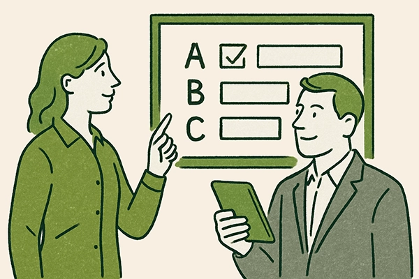 Eine Graphik mit einer Frau und einem Mann, der Mann hält ein Tablet in seiner Hand und die Frau zeigt auf ein Schild.