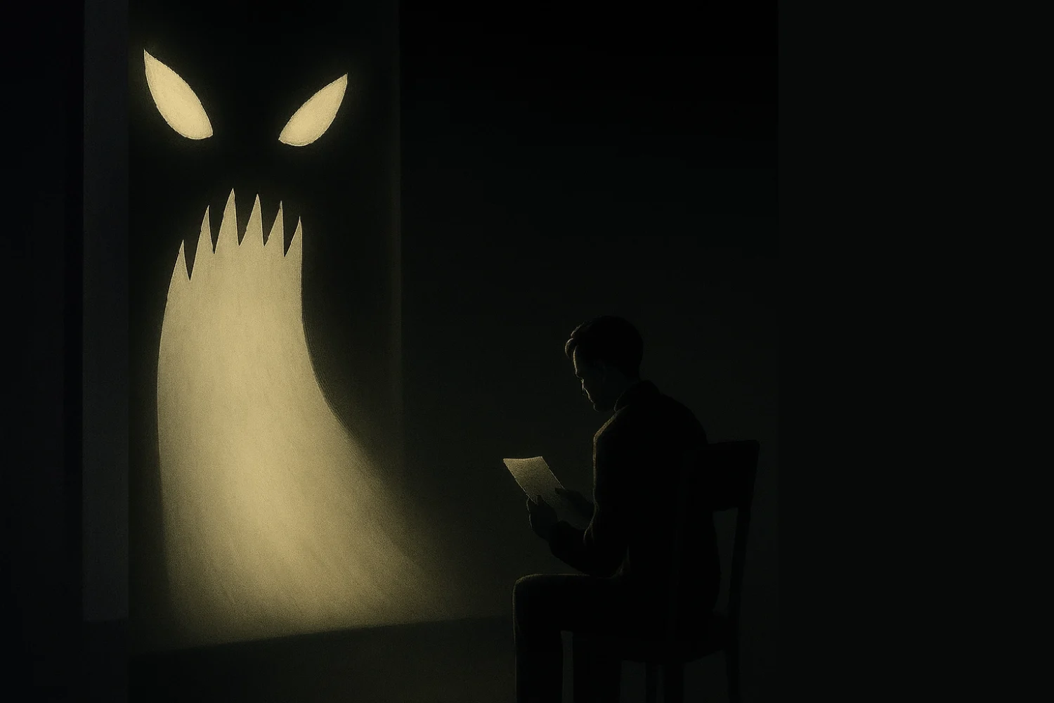 Eine Monsterstellenanzeige groß vor einem Mann auf einem Stuhl mit Lebenslauf in der Hand.