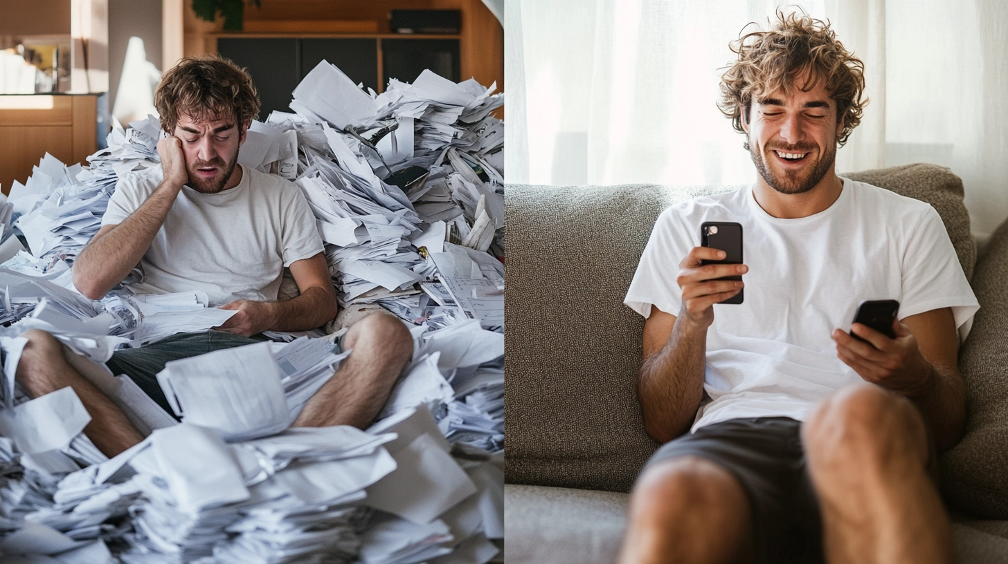 Zwei Bilder nebeneinander. Das linke Bild zeigt den verzweifelten Mann im Papierchoas, bei dem rechten Bild schaut der Mann glücklich auf sein Smartphone. 