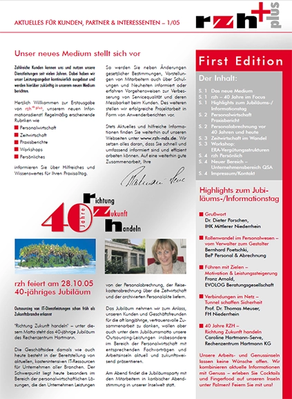 Cover rzh+plus Ausgabe 2005. Textbausteine und das Logo zu 40 Jahre RZH