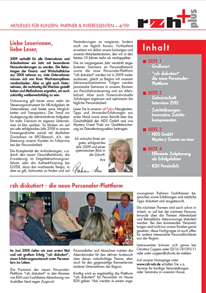 Cover rzh+plus Ausgabe 2009. Ein Grußwort, Inhaltsangabe und ein erster Textbaustein.