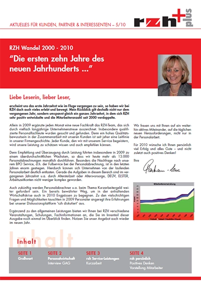 Cover rzh+plus Ausgabe 2009-10. Ein Portrait der Geschäftsführerin Caroline Hartmann-Serve, Inhaltsangabe und Grußwort.