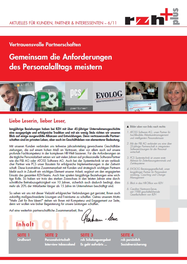 Cover der rzh+plus Ausgabe 2011. Bilder von einzelnen Personen. Eine Inhaltsangabe und Grußwort.