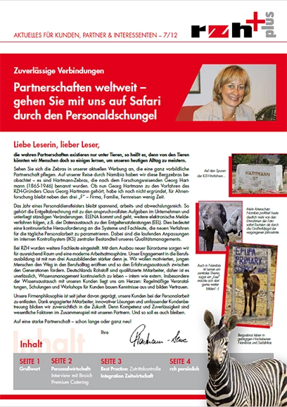 Cover rzh+plus Ausgabe 2012. Bilder von Tieren und ein Portrait der Geschäftsführerin Caroline Hartmann-Serve.