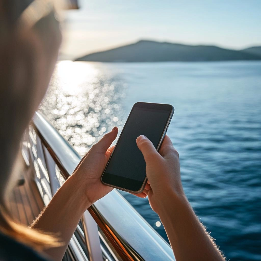 Eine Frau auf einem Schiff hält ihr Smartphone in der Hand.