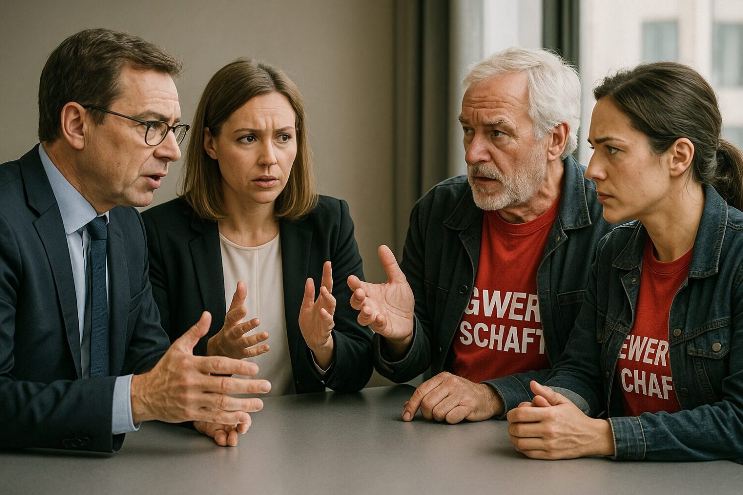 Vier Personen, zwei Männer und zwei Frauen diskutieren zusammen an einem Tisch.