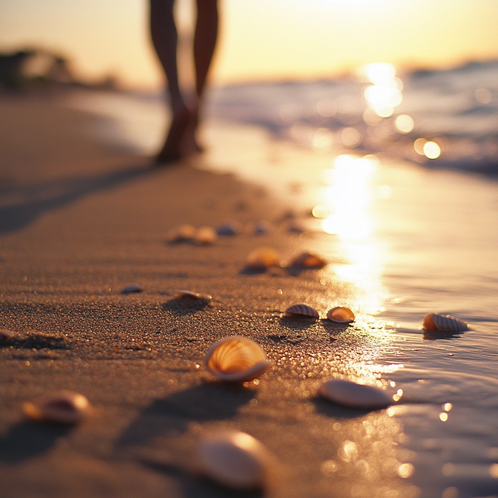 Ein Strand mit bunten Muscheln. Im Hintergrund sind Männerbeine zu sehen.