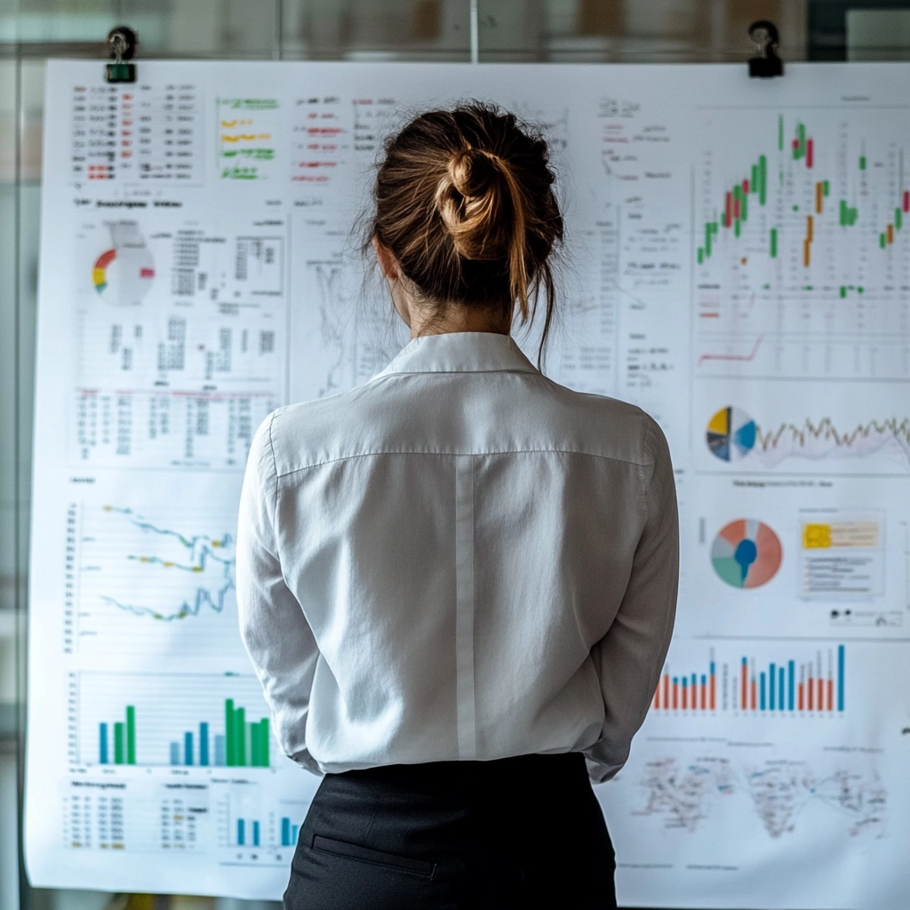 KI-generiertes Bild. Frau steht vor einem Whiteboard voller Statistiken