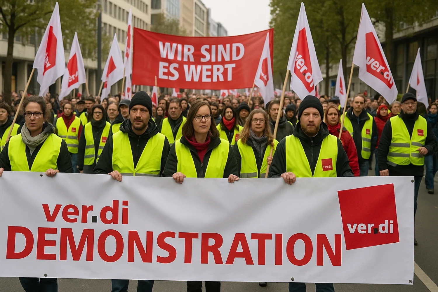 Ver.di Mitarbeiter demonstrieren mit einem Plakat in der Hand.