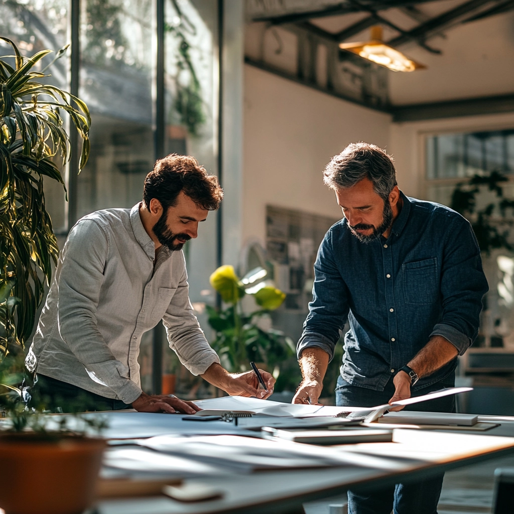 Zwei Männer stehen an einem Schreibtisch und notieren etwas. 