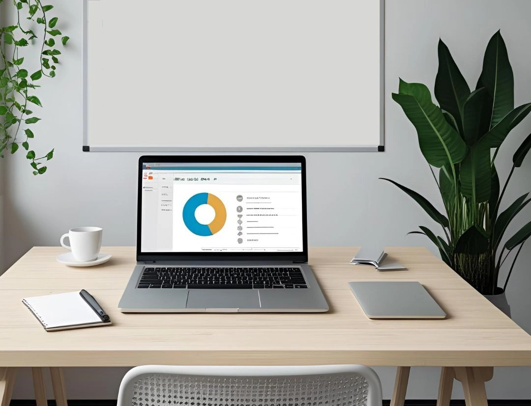 Ein Laptop mit einem Diagramm steht auf einem hellen Holztisch in einem modernen Büro.