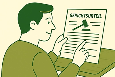 Ein Mann in grün hält in seinen Händen ein Gerichtsurteil.