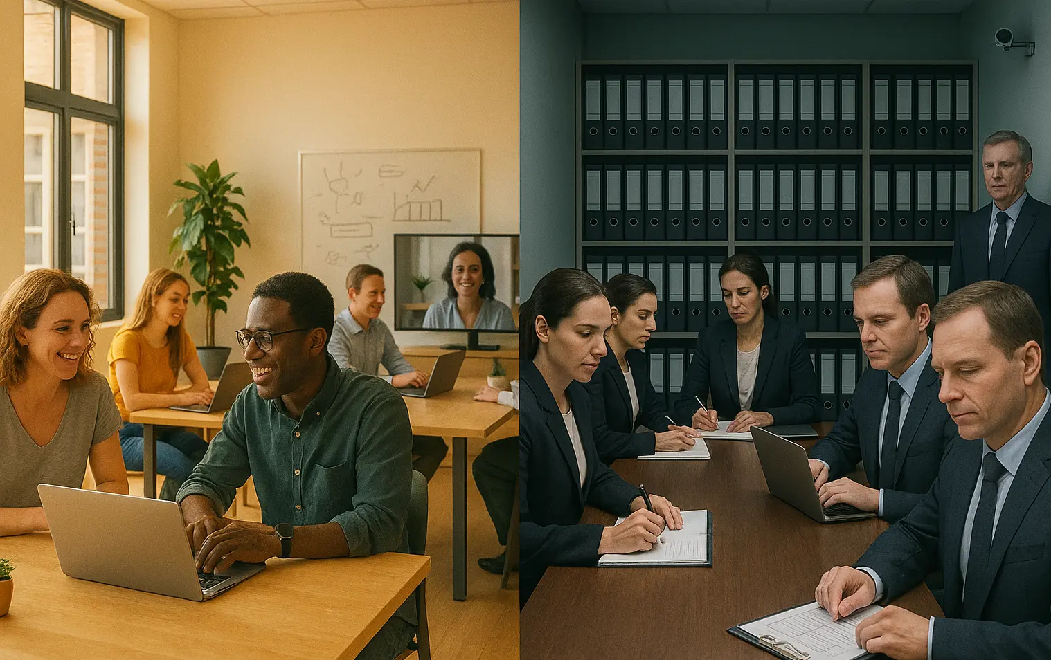 2 Büroszenen, links Menschen mit Laptops, offen, hell, modern und locker, rechts Aktenschrank, Notizen, Überwachung durch Kamera und Chef, kühle Atmosphäre