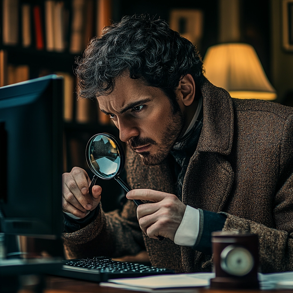 Ein Mann mit einer Lupe in der Hand schaut auf seinen Laptop.
