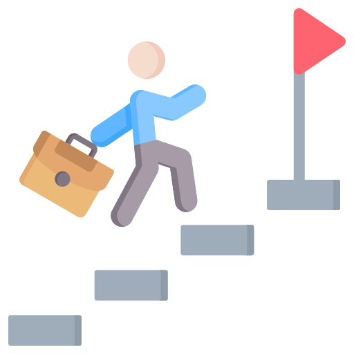 Mann mit Aktentasche auf einer Treppe, er läuft zu einer roten Fahne.