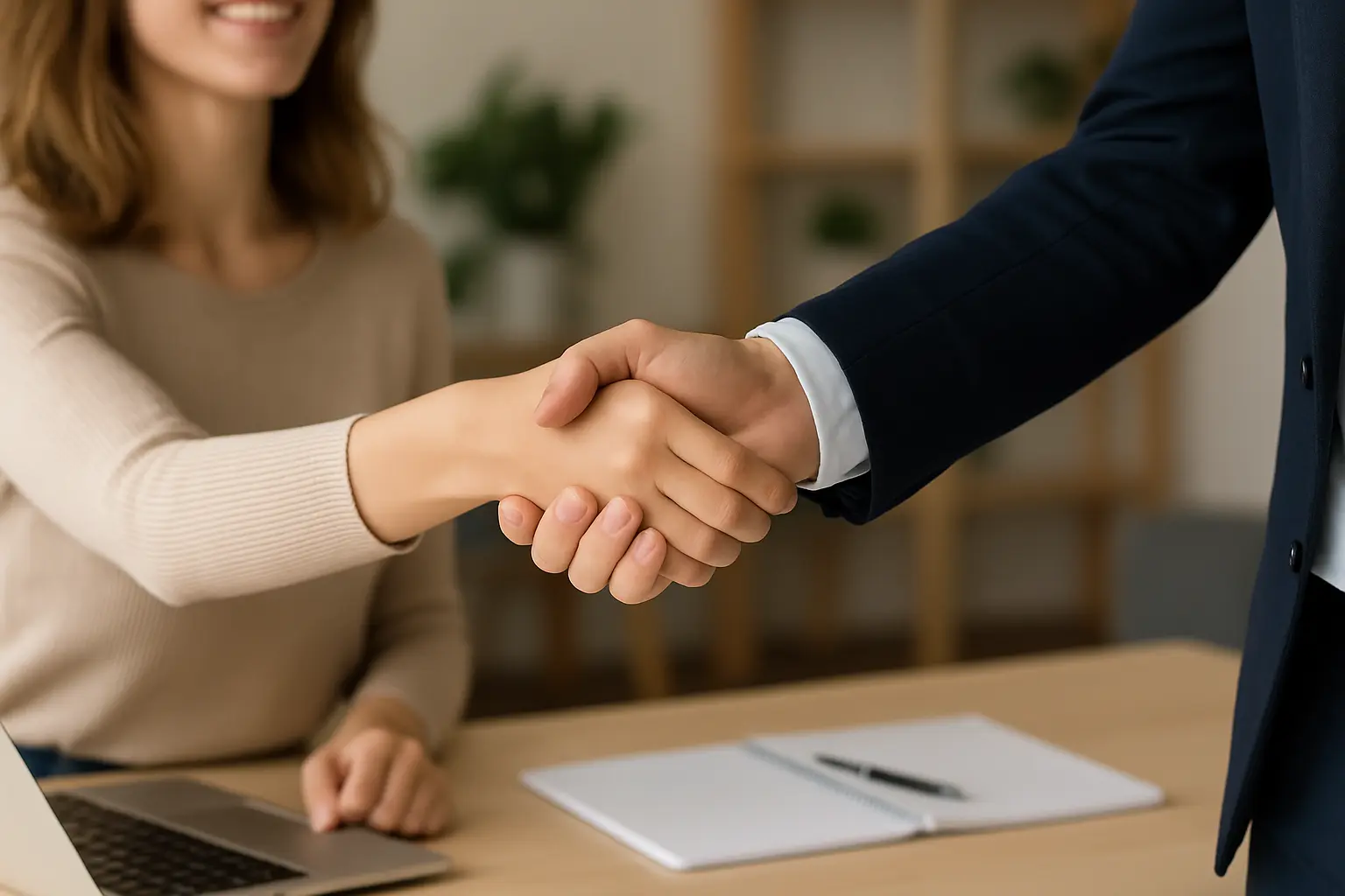 Helles modernes Büro. Im Vordergrund gibt eine Frau in hellbraunen Pullover einen Mann mit Hemd und Jackett einen Handschlag.